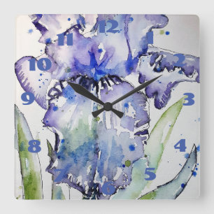 Purple Blue Iris Watercolor Painting Floral Art Square Wall Clock