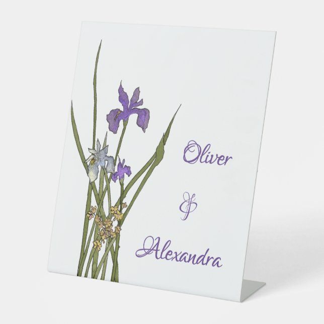 Purple & Blue Iris Watercolor Wedding Pedestal Sign (Front)