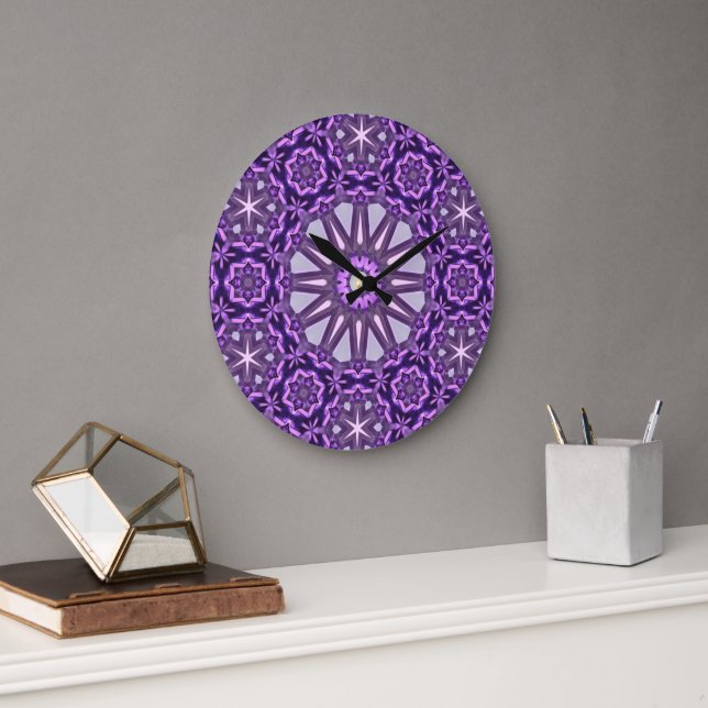 Purple Blue Kaleidoscope Pinwheel Mandala Pattern Large Clock (Office)