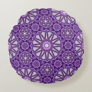 Purple Blue Kaleidoscope Pinwheel Mandala Pattern Round Cushion