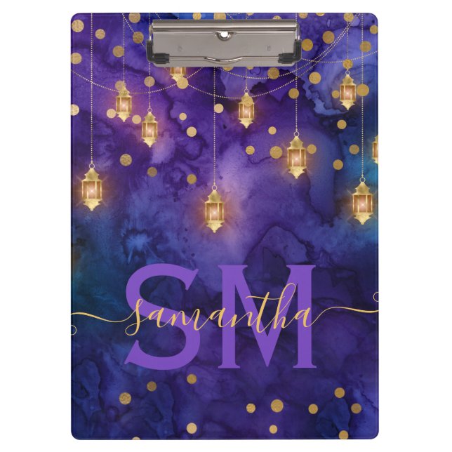 Purple & Blue Lantern Glow Monogram Clipboard (Front)