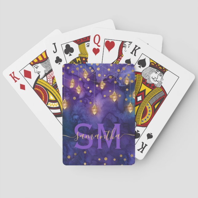 Purple & Blue Lantern Glow Monogram Playing Cards (Back)
