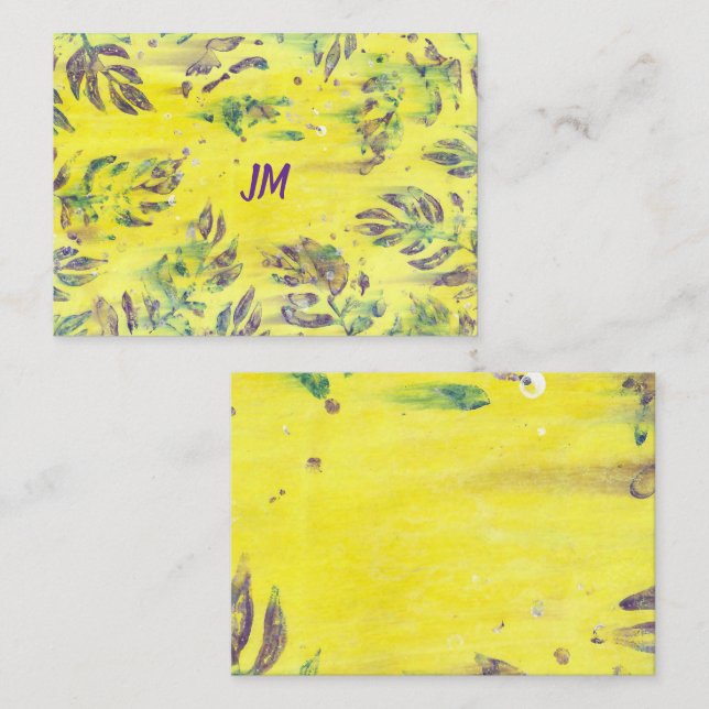 Purple Blue Leaves Monogram on Yellow Note Cards (Front/Back)
