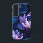 Purple Blue Lotus Dark Floral Phone Case<br><div class="desc">Wrap your Samsung Galaxy S22 in sophisticated style with this stunning phone case. Featuring a captivating seamless pattern of vibrant purple and blue lotus flowers and leaves set against a dramatic dark black background, this design creates an elegant, moody, and serene aesthetic. The detailed botanical illustration captures the beauty and...</div>