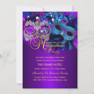 Purple & Blue Masks Masquerade Party Invite