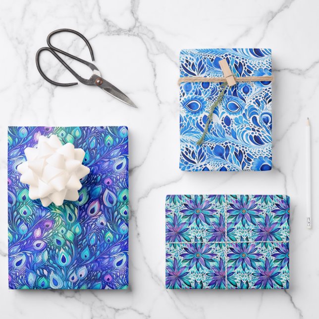 Purple Blue Mint Peacock Feathers Wrapping Paper Sheet (Front)