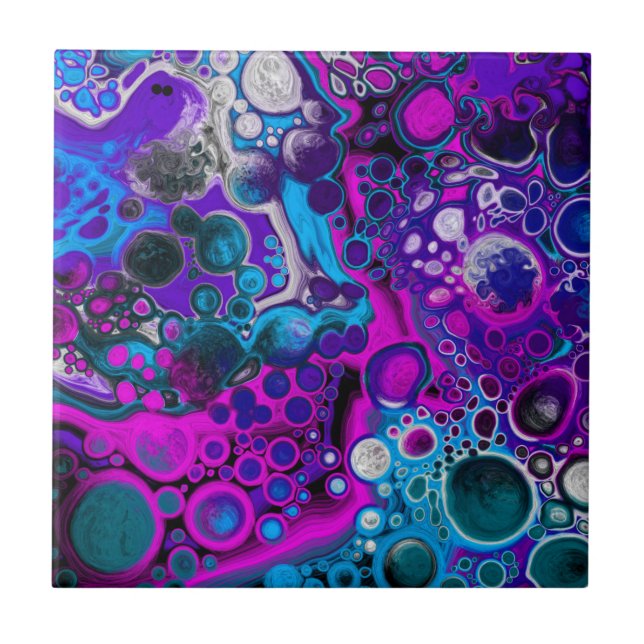Purple, Blue Modern Abstract Fluid Art Marble Cell Tile (Front)