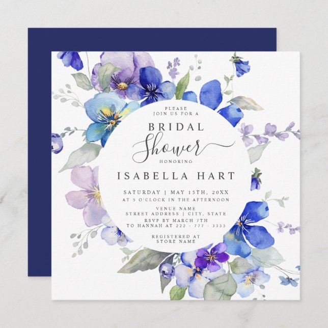 Purple Blue Navy Viola Spring Floral Bridal Shower Invitation (Front/Back)