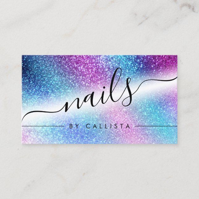 Purple Blue Nebula Galaxy Glitter Nails Business Card (Front)