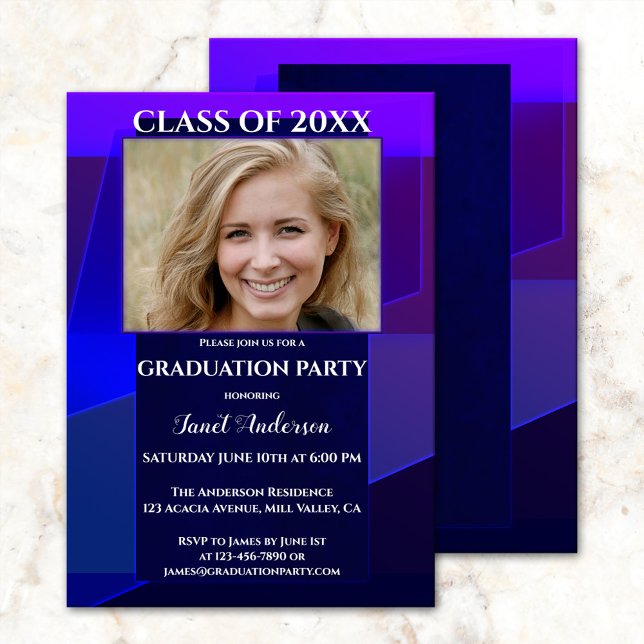 Purple Blue Neon Geometric Photo Graduation Invitation (Creator Uploaded)