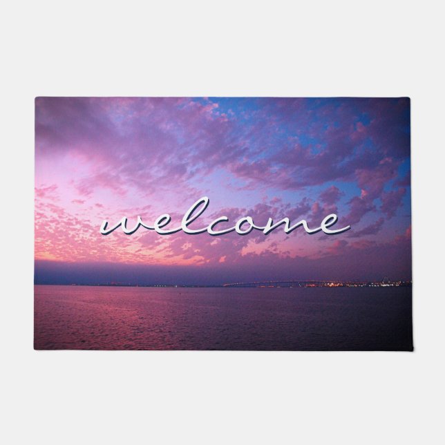 Purple Blue Ocean Sunset Photo Welcome Script  Doormat (Front)