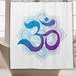 Purple & Blue Om Symbol Mandala Flower White Shower Curtain