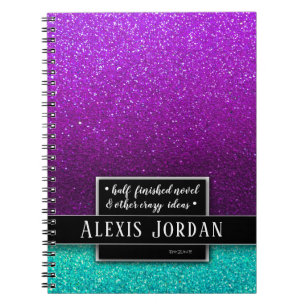 Purple Blue Ombre Glitter Black White Monogram Notebook