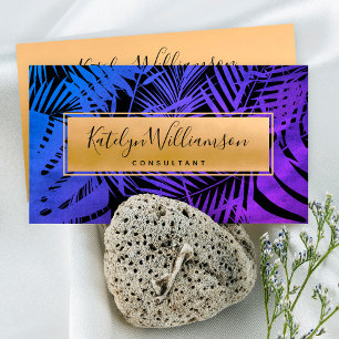 Purple blue ombre gold tropical palm chic script business card
