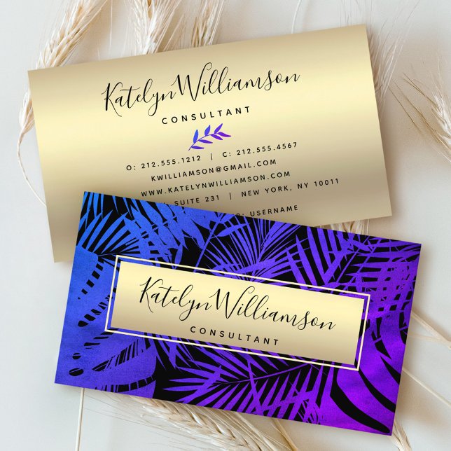 Purple blue ombre tropical palm chic gold script business card (Creator Uploaded)