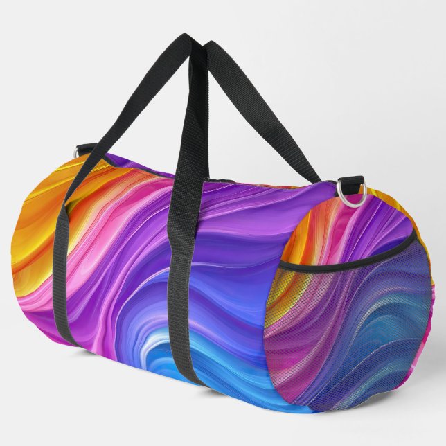 PURPLE BLUE ORANGE YELLOW ABSTRACT WAVES DUFFLE BAG (Right Corner)