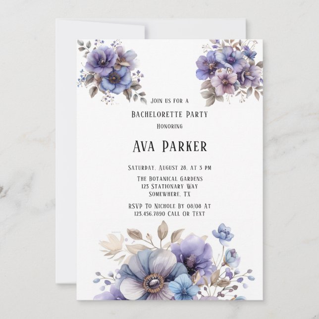 Purple Blue Painted Floral Bachelorette Party Invitation (Front)