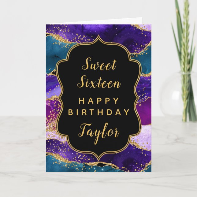 Purple Blue Peacock Agate Sweet 16 Happy Birthday Card (Front)