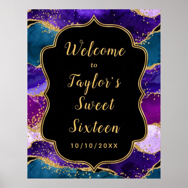 Purple Blue Peacock Agate Sweet Sixteen Welcome Poster (Front)