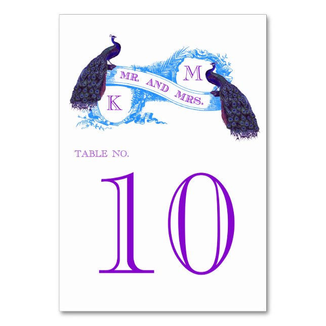 Purple, Blue Peacock Vintage Wedding Table Number (Front)