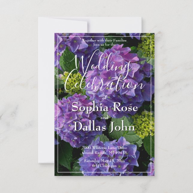 Purple blue periwinkle magenta hydrangeas Wedding Invitation (Front)