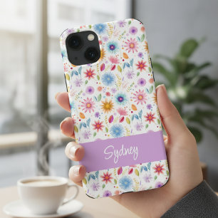 Purple Blue Pink Boho Wildflower Personalized iPhone 13 Case