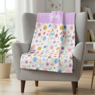 Purple Blue Pink Boho Wildflower Personalized Fleece Blanket