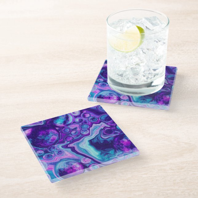 Purple, Blue, Pink Bokeh Marble Fluid Art   Glass Coaster (Angled)