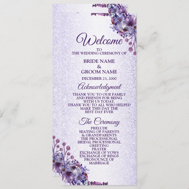 Purple Blue Pink Floral Glitter Elegant Wedding Programme (Front/Back)