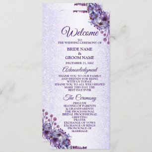 Purple Blue Pink Floral Glitter Elegant Wedding Programme