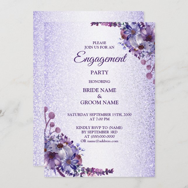 Purple Blue Pink Floral Glitter Engagement Party Invitation (Front/Back)