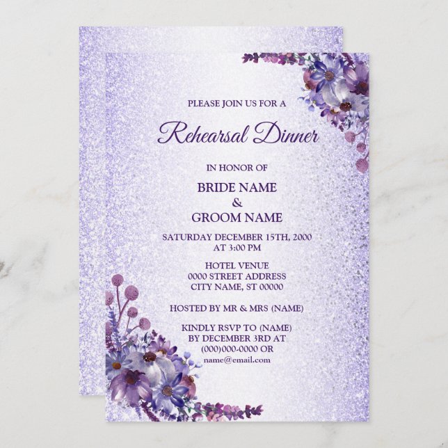 Purple Blue Pink Floral Glitter Rehearsal Dinner Invitation (Front/Back)