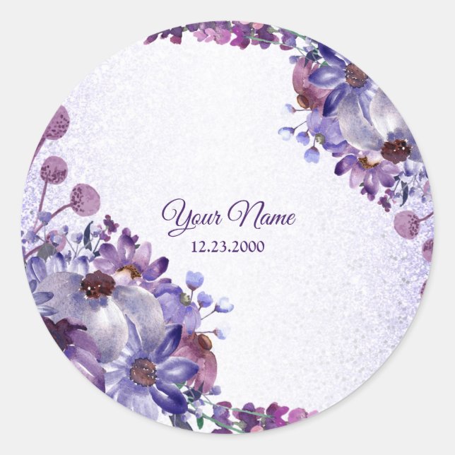 Purple Blue Pink Floral Glitter Wedding Party Classic Round Sticker (Front)