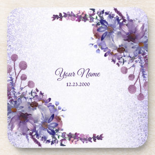Purple Blue Pink Floral Glitter Wedding Party Coaster