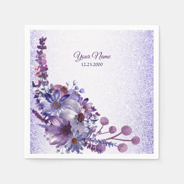 Purple Blue Pink Floral Glitter Wedding Party Napkin (Front)
