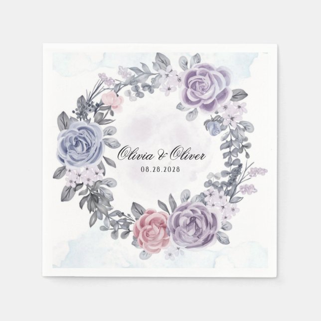 Purple Blue Pink Floral Wreath Wedding Napkin (Front)