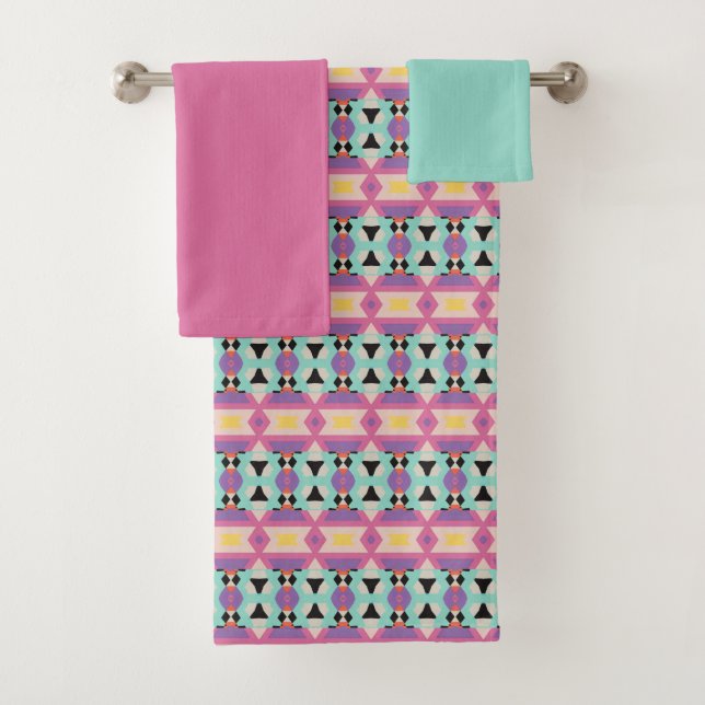 Purple blue pink Geometric Pattern Bath Towel Set (Insitu)