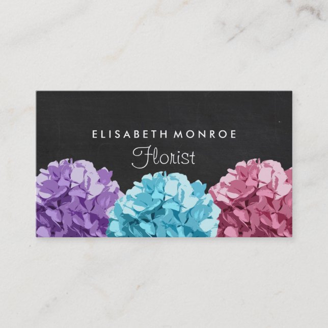 Purple, Blue & Pink Hydrangea Chalkboard Floristry Business Card (Front)