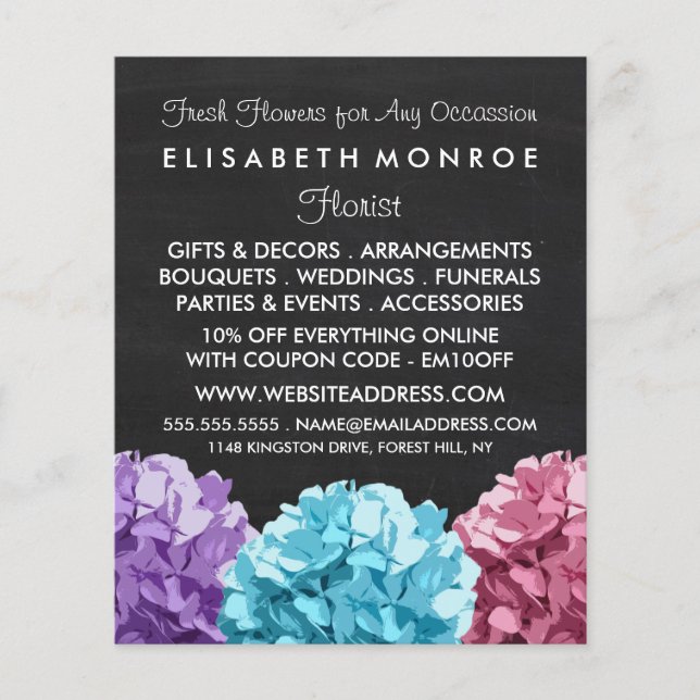 Purple, Blue & Pink Hydrangea Chalkboard Floristry Flyer (Front)