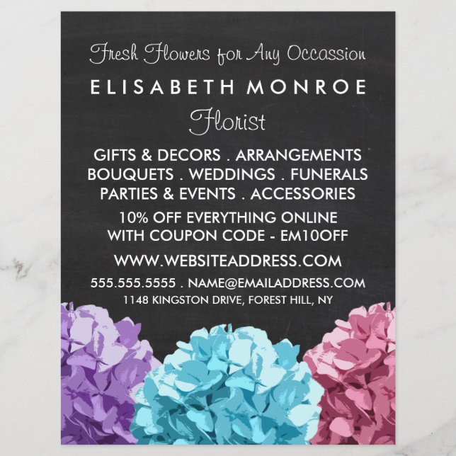Purple, Blue & Pink Hydrangea Chalkboard Floristry Flyer (Front)