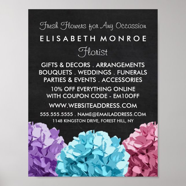 Purple, Blue & Pink Hydrangea Chalkboard Floristry Poster (Front)