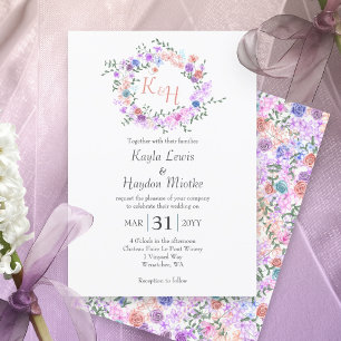 Purple, Blue, Pink, Peach Roses Wedding Wreath Invitation