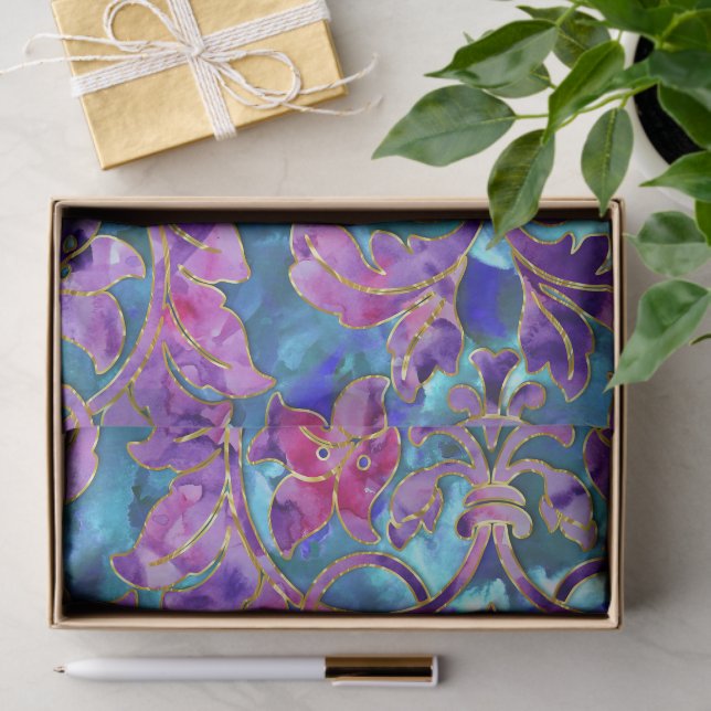 Purple Blue Pink Watercolor Damask Design Tissue Paper (Gift)