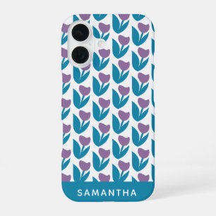 Purple Blue Playful Abstract Flowers Personalised iPhone 16 Case