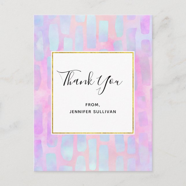 Purple & Blue Rectangle Shapes on Pink Thank You Postcard (Front)