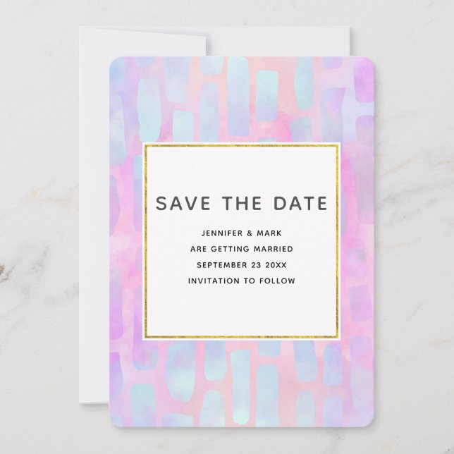 Purple & Blue Rectangle Shapes on Pink Wedding Save The Date (Front)