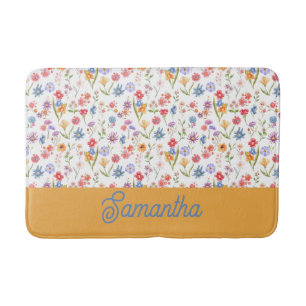 Purple Blue Red Watercolor Wildflower Monogram Bath Mat