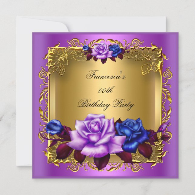 Purple Blue Roses Gold Elegant Birthday Party Invitation (Front)