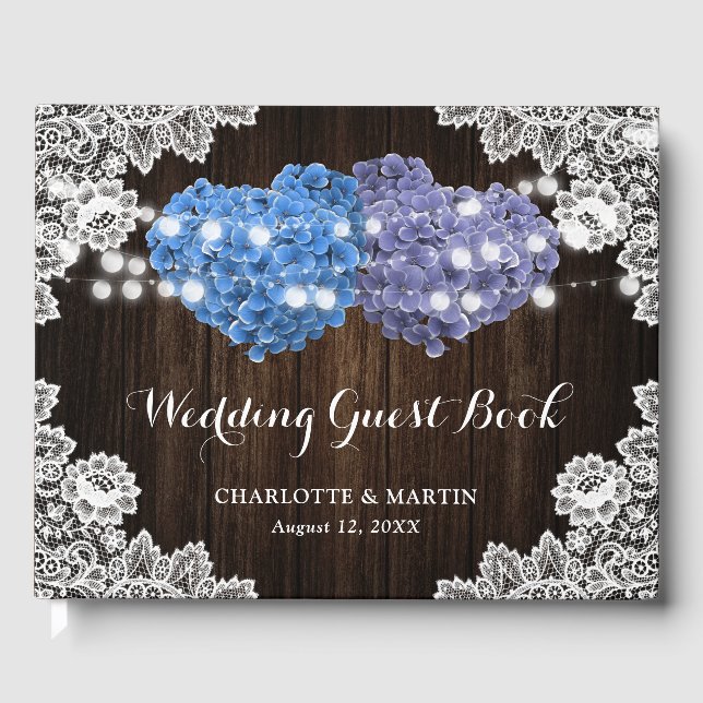 Purple Blue Rustic Wood Floral Lace Burlap Wedding Guest Book (Front)