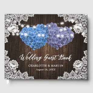 Purple Blue Rustic Wood Floral Lace Burlap Wedding Guest Book